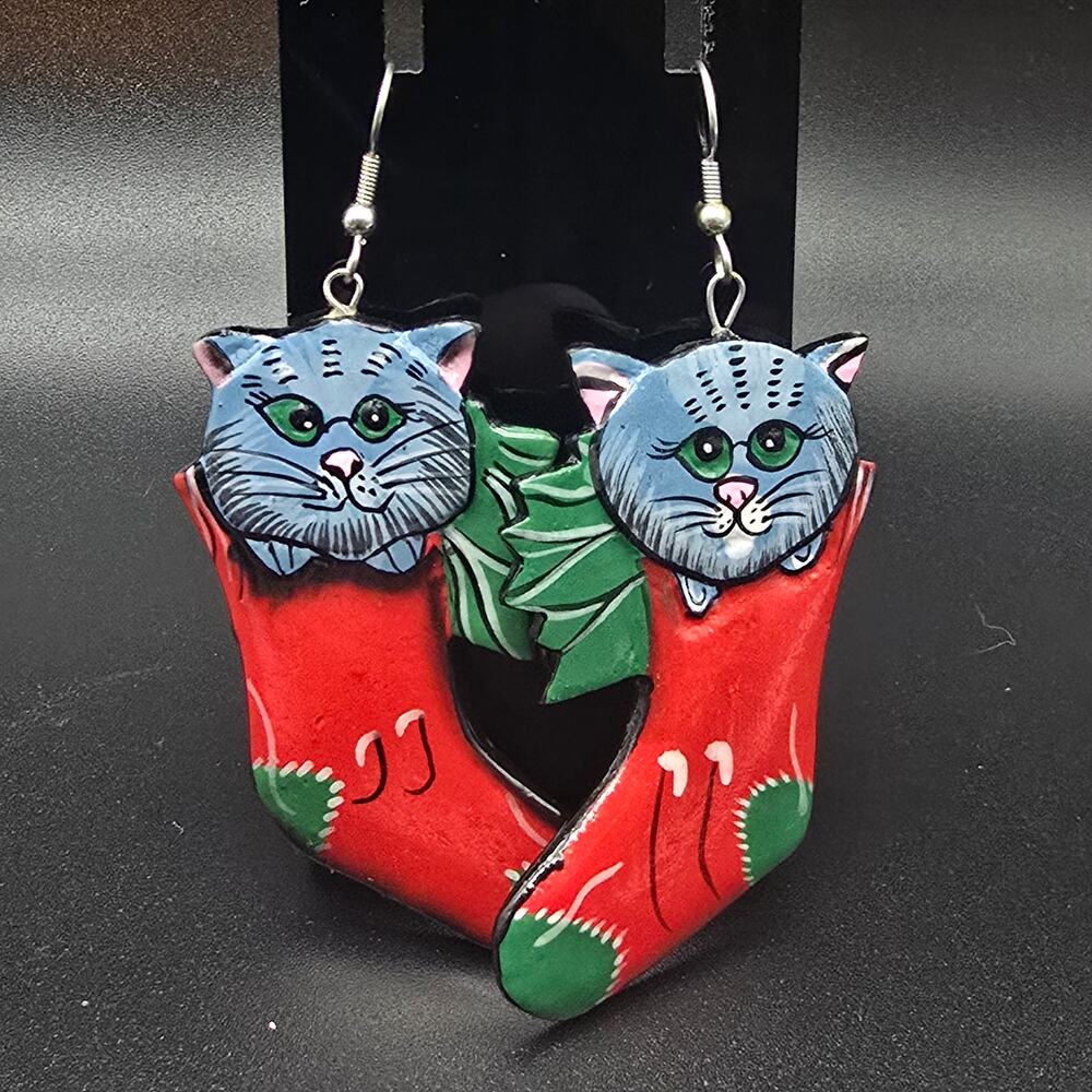 Cat In Christmas Stocking Earrings Hand Painted Wood 1980s Jewelry